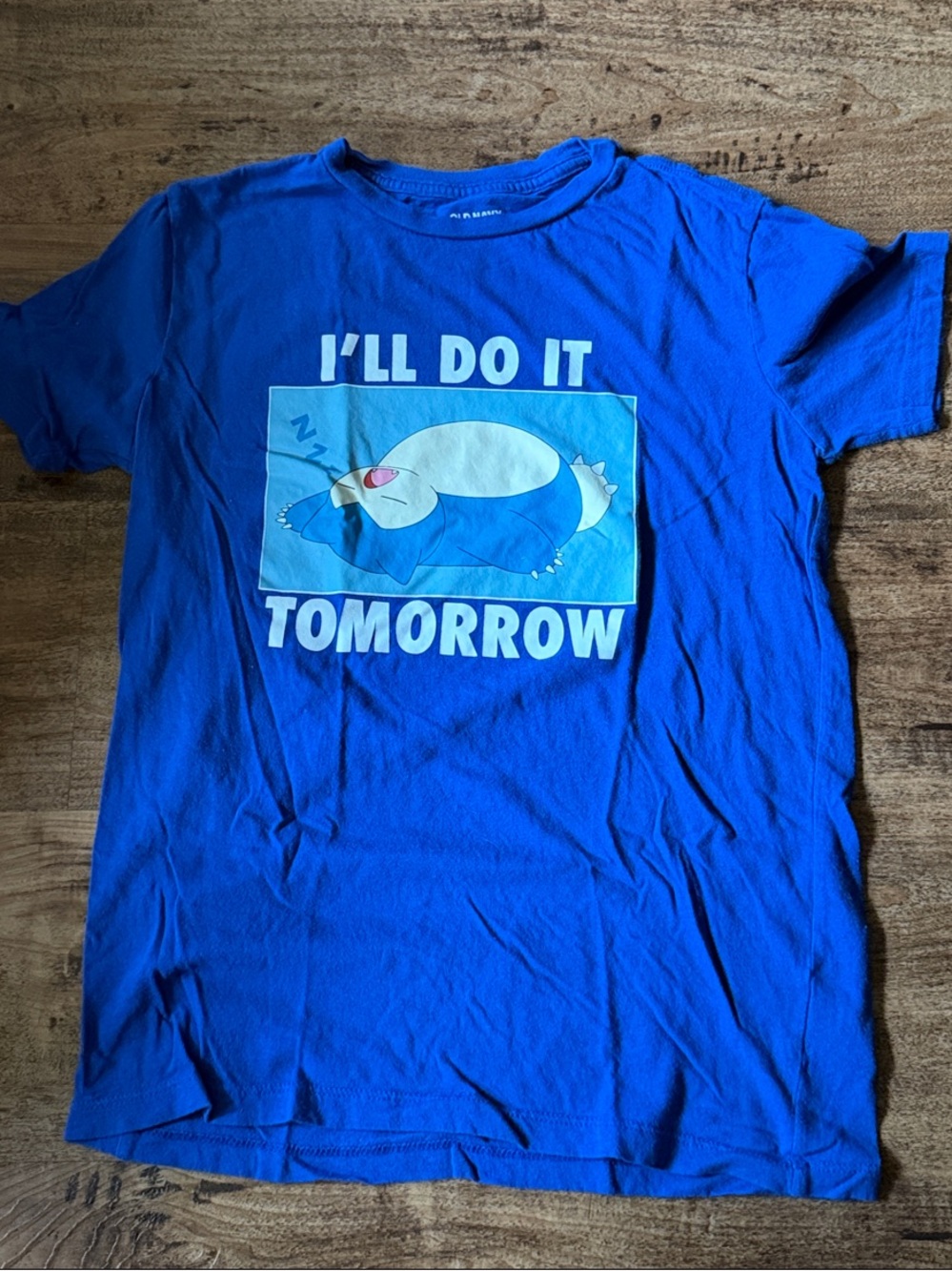Old Navy Blue Graphic Tee with Sleeping Character and 'I'll Do It Tomorrow' Text